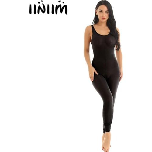 Womens Femme Sexy Lingerie Bodycon Rompers See Through Sheer Body Stocking Scoop Neck Zipper Crotch Smooth Tank Leotard Bodysuit