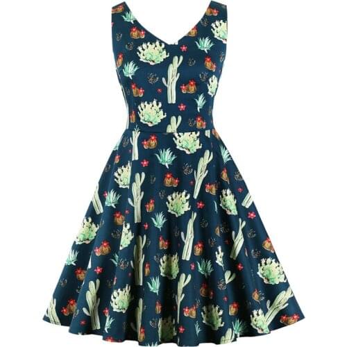2021 Multicolor Cactus Print Sleeveless Vintage Robes 50s Pinup A Line Dress V Neck Women Summer Cotton Plus Size Dress