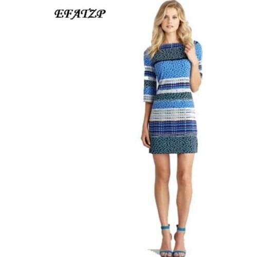 2015 Summer Runway Designer Dress Womens High Quality Half Sleeve Blue Striped Printed Casual Jersey Silk Stretch Dress