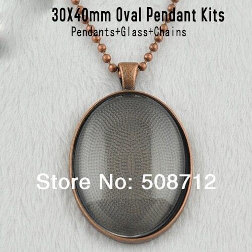 30sets 30x40mm Antique Copper Oval Pendant Tray Blanks / Pendant Settings with Matching Glass Cabochons