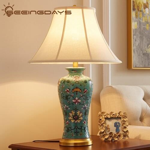 46x70cm Chinese American Style Green Flower Ceramic Table Lamp for Living Room Bedroom Bedside Lamp Countryside Large Table Lamp