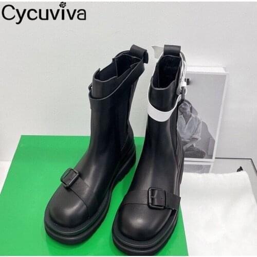 Brand Designer Buckle Strap Women Boots Slip On Round Toe Platform Shoes For Women Casual Motorcycle Boots Female Shoes Winter