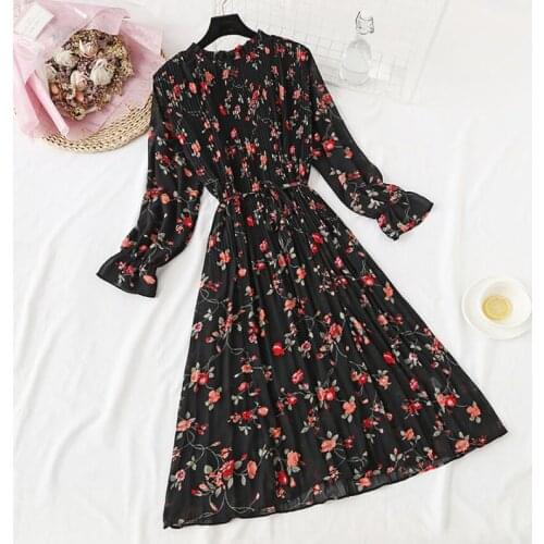 Elegant Lotus leaf collar Print Chiffon Summer Midi Dress For Women Bohemian Loose Party Vestidos Spring A-line Dresses 2021