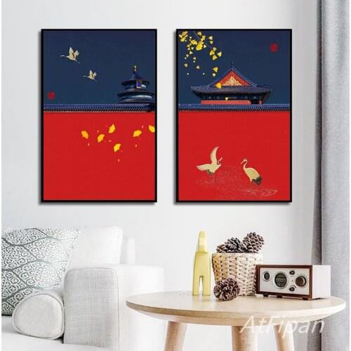 Chinese Style Vintage Beautiful Forbidden City Poster Red Wall Court Pictures For Living Room Study Aisle Decoration Painting