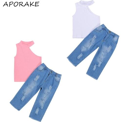 2021 1-6Y Fashion Kids Baby Girl Clothes Set Cold Shoulder Sleeveless Solid Top Vest+Hole Denim Long Pants Summer Outfits 2pcs