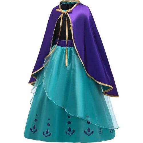 3-10 Years Snow Queen 2 Anna Costume Children Princess Dress Up with Blue Purple Double Faced Cloak Kids Party Halloween Outfit
