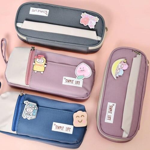 Creative badge Canvas pencil case cute pencil bag School supplies storage bag Student stationery bag kawaii pen case big pen bag