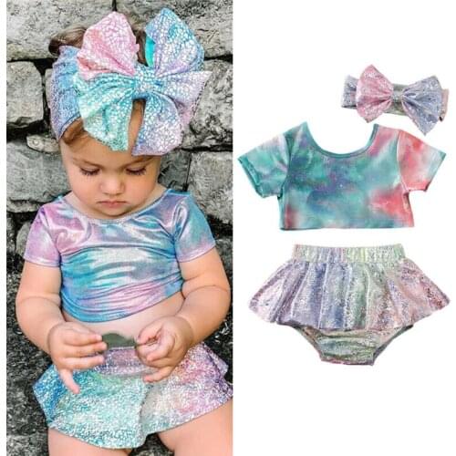 2020 Summer Kid Baby Girl Three Piece Bikini Set Print Bow Swimwear Swimsuit Beachwear Bathing Suit 0-4Y