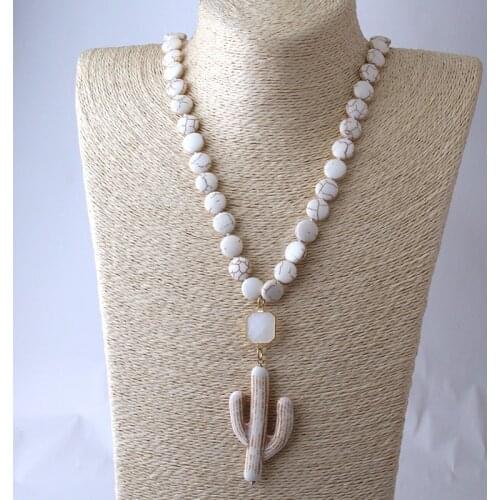Fashion Knotted Flat White Stone Crystal Link Ethnic Cactus Necklace Bohemian Tribal Jewelry