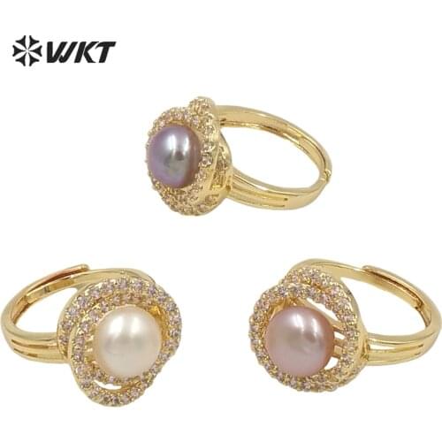 MPR015 WKT Fashion gold electroplated Micropave Cubic zircon freshwater Round Pearl Coctail Party Ring Charming CZ adjust Ring