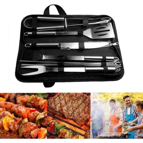 10Pcs/Set Stainless Steel Barbecue Grilling Tools Set BBQ Utensil Accessories Camping Outdoor Cooking Tools Kit with Carry Bag