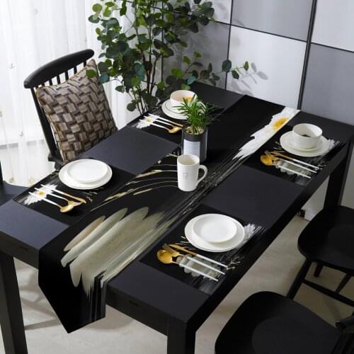 Zen Stones White Lotus Black Table Runner Holiday Kitchen Dining Table Runners Place Mats Set for Home Party Decor