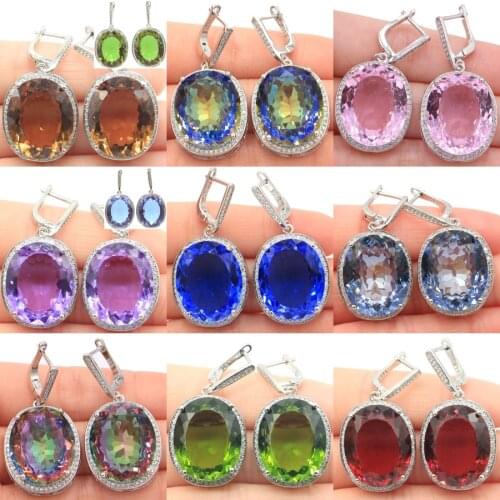 40x21mm Unique Big Oval Jewelry Set 17.5g Created Color Changing Zultanite Ladies SheCrown Silver Earrings Pendant Eye Catching