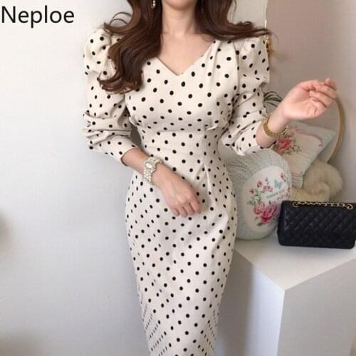 Neploe Korean Ins V Neck Puff Long Sleeve Dress High Waist Hip Dot Bodycon Vestido Autumn Spring 2021 New Corduroy Ropa 48499