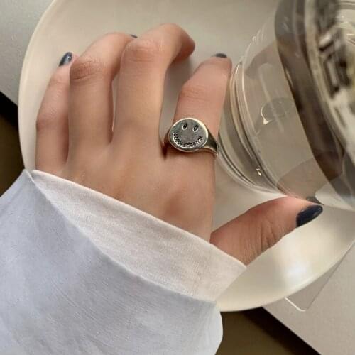 Origin Summer Hiphop Vintage Smile Face Ring for Women Silver Color Hollow Out Metal Open Adjustable Index Finger Ring Jewelry