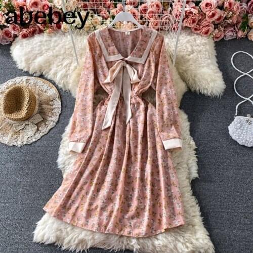 Women Korean Floral Dress Bow Long Sleeve A-line Ruffles Dresses Summer Bohemian Print Vacation Beach Midi Dress