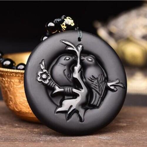 Natural Obsidian Animal Bird Jade Necklace Pendant Jewelry Lucky Auspicious Amulet Jade Pendant Fine Jewelry