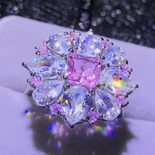 Luxury Female Big Pink Stone Ring Silver Color Wedding Rings For Women 2019 New Year Fashion Engagement Ring Jewelry Gifts