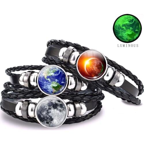 Luminous Earth Moon Solar Eclipse Black Leather Bracelet Glowing Jewelry Bracelets Universe Sun Jupiter Bracelets Gifts