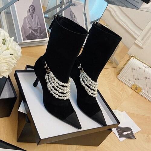 Fashion Sexy Mixed Colors With Peral Chain Stretch Shoe Pointed Toe Mid- Calf Ladies Shoes Elegant Style High Heels Women Boots
