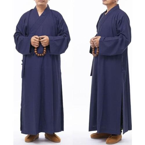 Unisex thicker Cotton Spring&Autumn Buddhist zen shaolin monk kung fu suits buddha uniforms lay meditation clothing robe blue