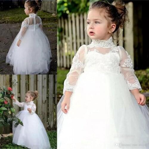 Vintage White Flower Girl Dresses for Weddings Lace High Neck Long Sleeves Baby First Communion Gowns Tulle Floor Length Toddler