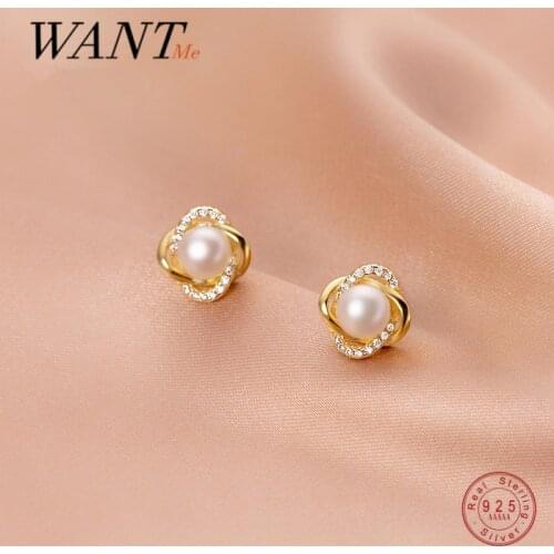 WANTME 925 Sterling Silver Charm Shiny Zircon Four-leaf Flower Pearl Stud Earrings for Women Fashion Korean Wedding Jewelry Gift