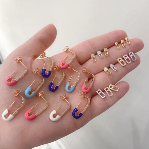 Bright Neon Enamel Gold Color CZ Safety Pin Stud Earring 2021 New Fashion Women Jewelry