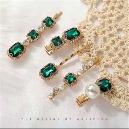 Hair Grip Clip Hairpin For Women Girl Green Rhinestone Pearl Geometric Korean Handmade Fashion Head Accessories Mujer Wholesale