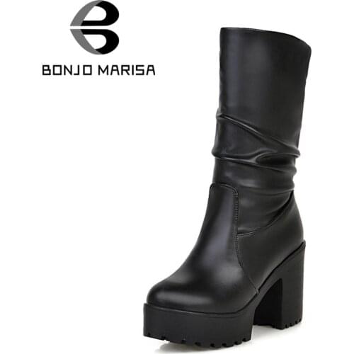 BONJOMARISA New Solid Square High Heels Round Toe Platform Shoes For Women Casual Winter Boots Female Large Size 34-46