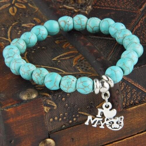 12PC/Lot Lovely I Love My Cat Heart Charms Bracelet Women Men Pet Lover Jewelry Animals Rescue Gifts Natural Stone Beads Bangles