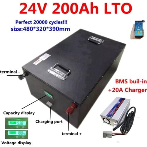 20000 cycles 24V 200Ah LTO 24v 200ah Lithium titanate battery pack with bms for solar system energy storage motorhome+20A Charge