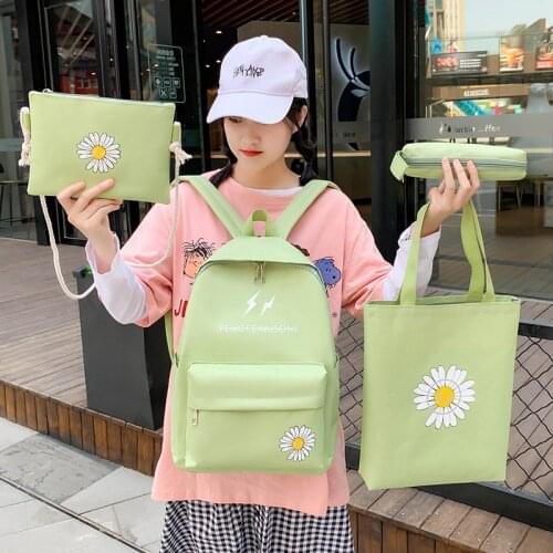 4pcs/Set Women Canvas Backpacks College Teenager Girls Casual Printed Rucksack Mochila Shoulder Bags Students Pencil Case 2020