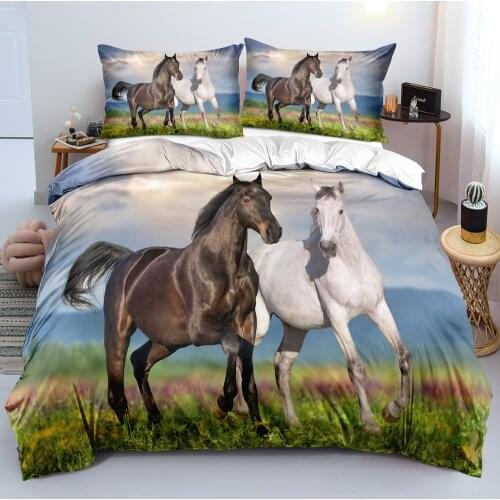 3D White Beddings Duvet Covers Sets Quilt Cover Set Pillow Cases Single King Queen Double Single Size Horse Custom Bedclothes