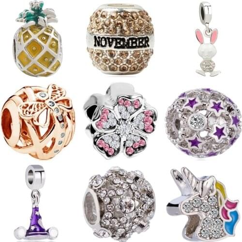 Btuamb European Luxurious Crystal Hollow Heart Pineapple Rabbit House Charms Beads Fit Pandora Bracelets for Women DIY Jewelry