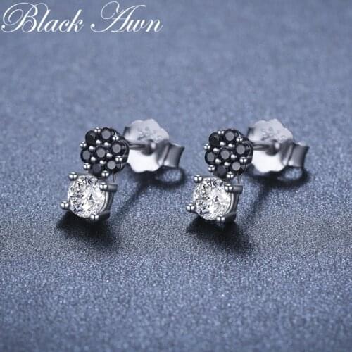 BLACK AWN 100% 925 Sterling Silver Jewelry Flower Stud Earrings for Women Black & White Silver Eternity Stone Earring T211