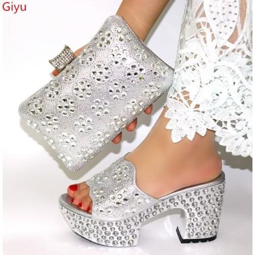 Doershow new come Matching Women Shoe and Bag Set Decorated silver Nigerian Shoes and Bag Set Italy Shoes and Bag set HWQ1-6