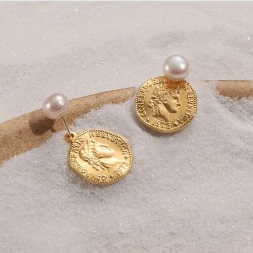 European And American Round Brass Lady Portrait Natural Pearl Earrings Ins Cold Wind Retro Personality Bump Coin