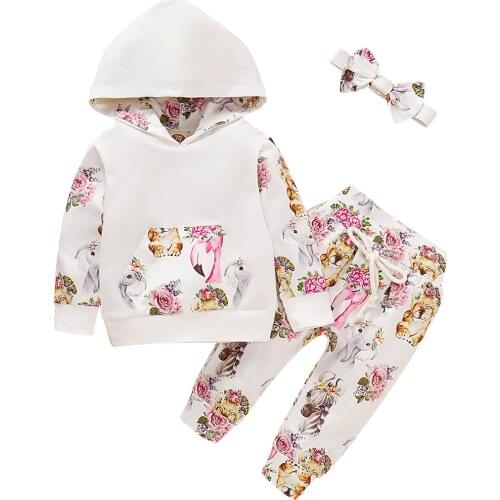 Baby Girl Set 0-18M Girls Spring/Autumn Outfits Long Sleeve Floral Hoodie Suits 3Pcs Headband Hooded Pants Sets Newborn Clothes