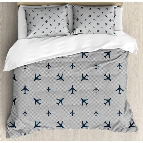 Airplane Duvet Cover Set Diagonal Stripes with Blue Travel Silhouettes Vacation Aviation 3 Piece Bedding Set Petrol Blue
