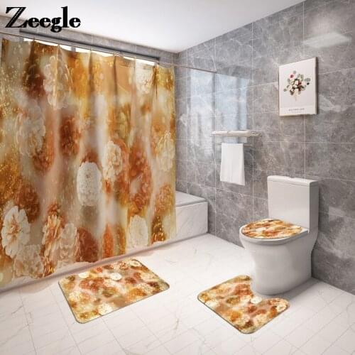 Printing Bath Carpet and Waterproof Shower Curtain Set Absorbent Toilet Seat Cover Mat Bathroom Non-Slip Floor Mat Set