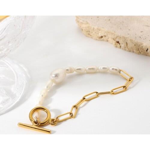 Minar Chic Big Small Geometric Genuine Pearl Beaded Bracelets for Women Gold Color Chain Patchwork OT Clasp Bracelets Jewellery
