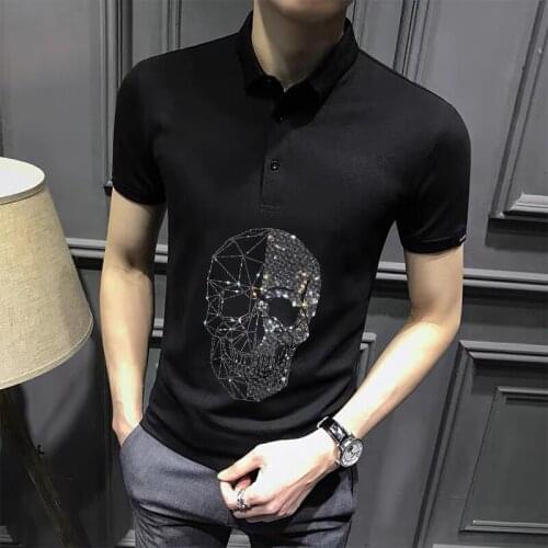 Famous Rock Mens Shirt Europe Rhinestone Sports Short Sleeve Hot Premium Lapel All-Match New Polo Slim Comfortable