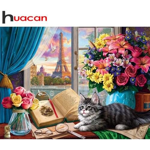 Huacan Full Square Diamond Painting Kit Cat 5D DIY Diamond Embroidery Mosaic Window Flower Home Wall Decor