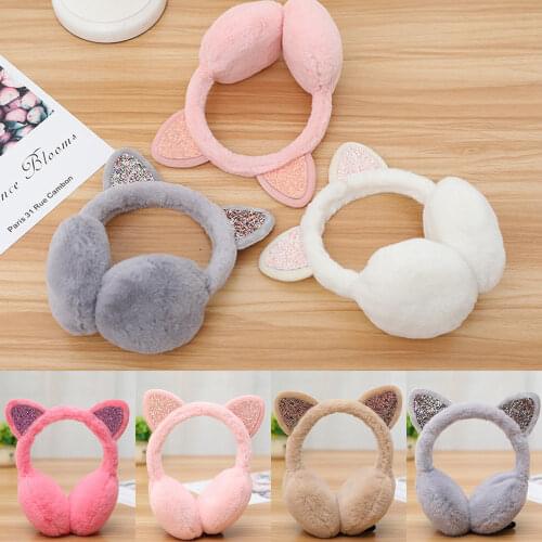 Hot Sale Fashion Women Glitter Sequin Earmuffs Fur Winter Girl Cute Faux Soft Fluffy Ear Warmer Earmuffs Cat Ear Muffs Earlap