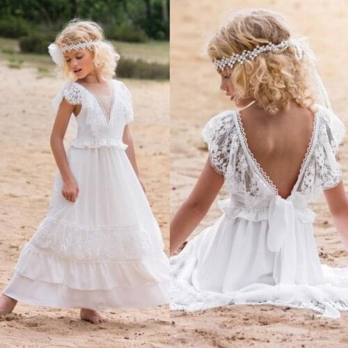 Bohemian Flower Girl Dresses New V Neck Lace Kids Formal Pageant Gowns Backless Appliqued Girl Communion Dress