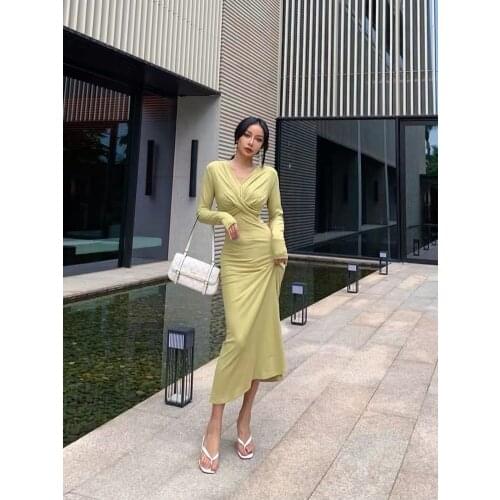 Spring and autumn v-neck high-waist long-sleeved dress female slim sexy midi dress temperament ladies hip dress Kardashian