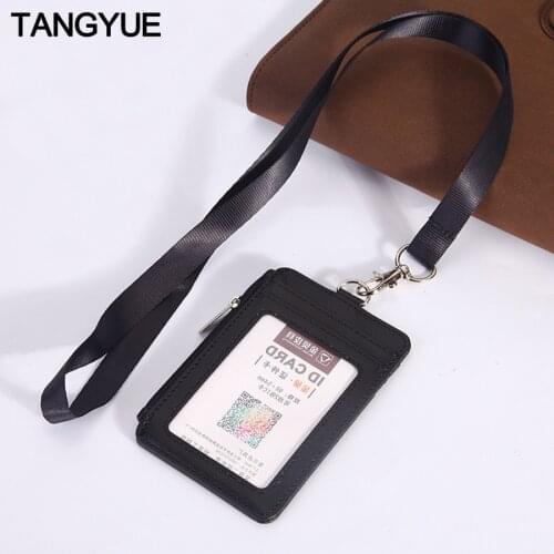 Lanyards ID Badge Holder Leather Porte Bus Pass Case Cover slip Men Womens Bank Credit Card Holder Wallet Strap Coin Cardholder