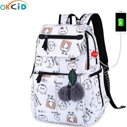 OKKID school bags for girls female laptop backpack usb backbag children backpacks cute cat school backpack for girls bag pack