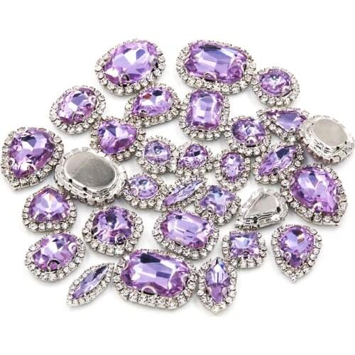 New arrivals Violet crystal buttons mix shape sew on glass rhinestones with cup chian rim diy clothing/necklace